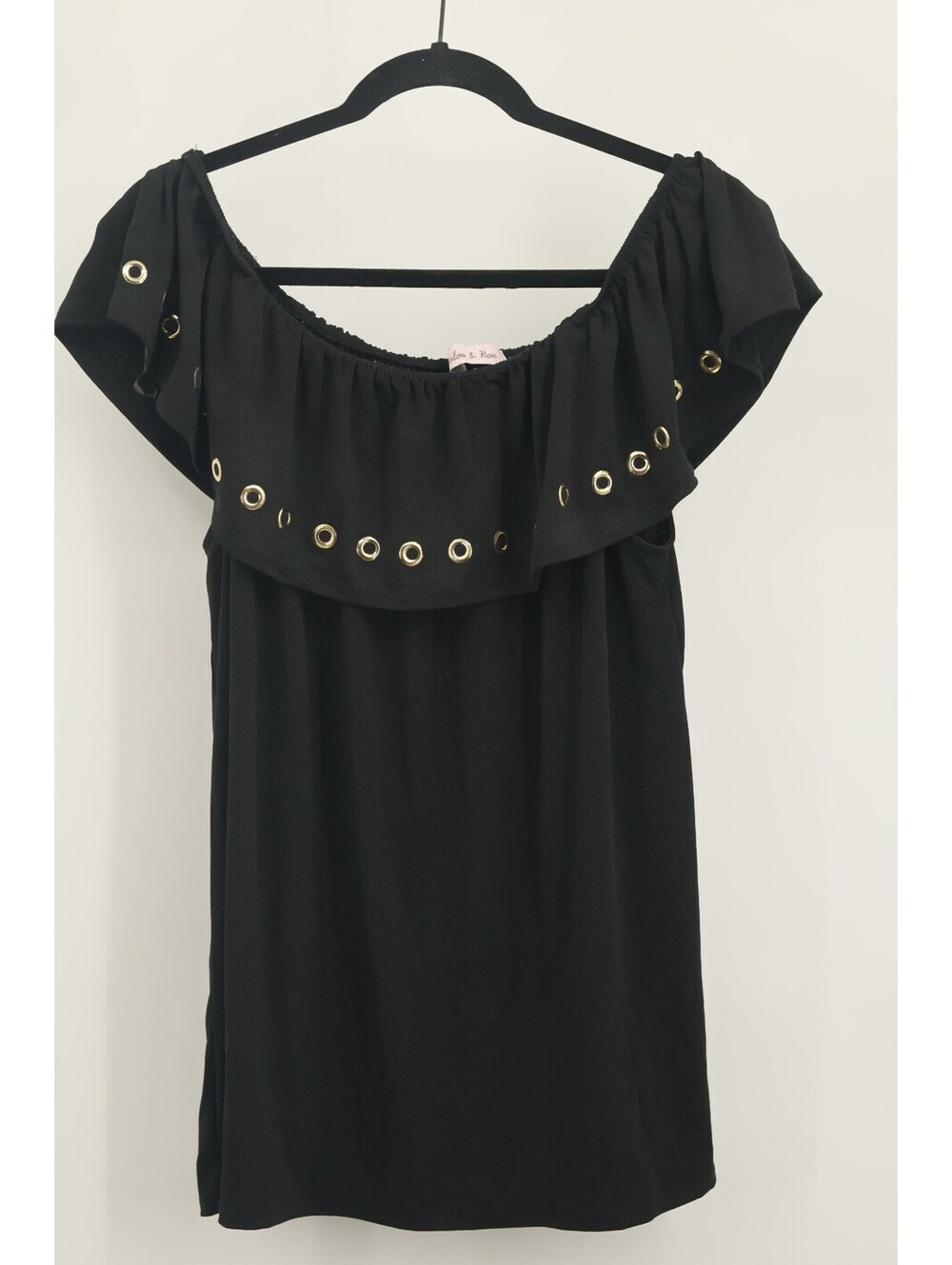 Harlow & Rose Women's Black Off Shoulder Top Gold Eyelet Ruffle Blouse Large L